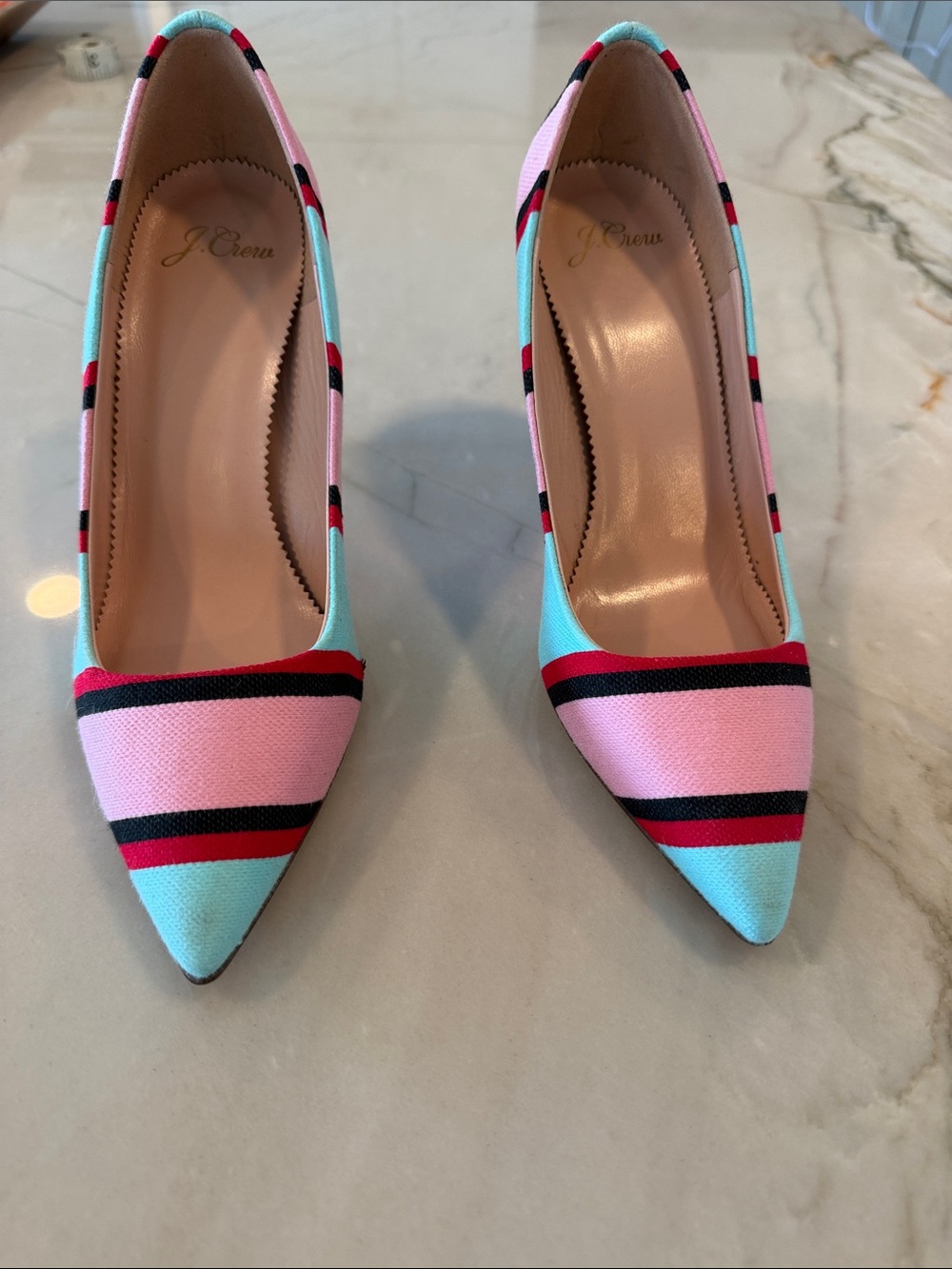 ♥️J. Crew Pink, Aqua & Red Striped Pointed-Toe Pumps…….Super Cute!